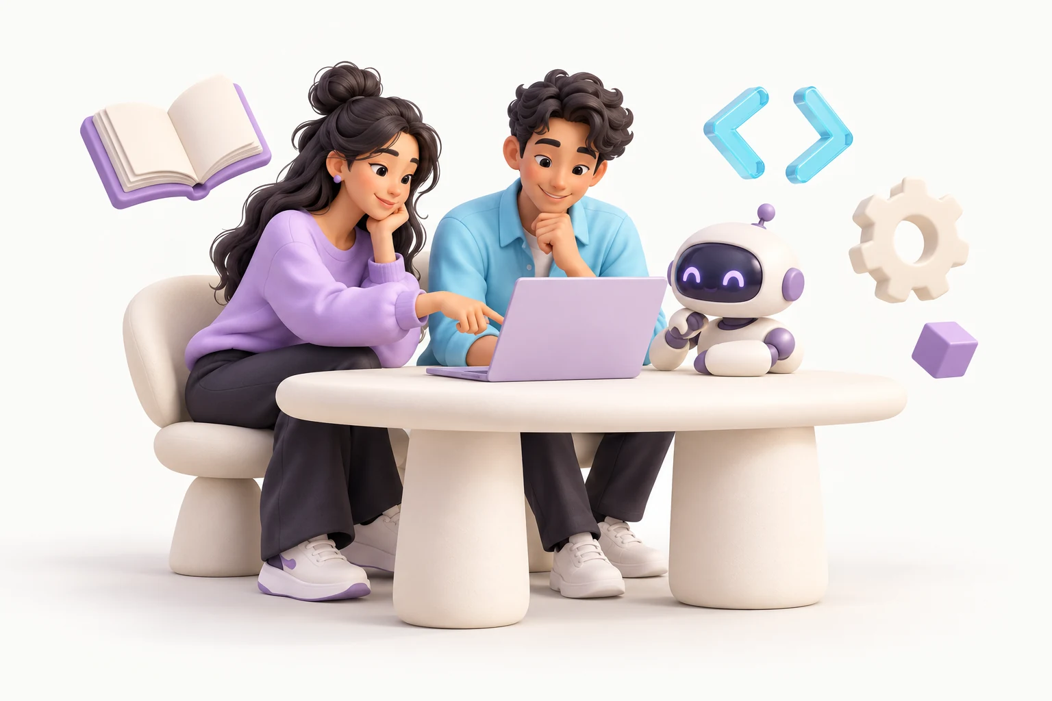 3D illustration of two learners and a robot working together on a laptop
